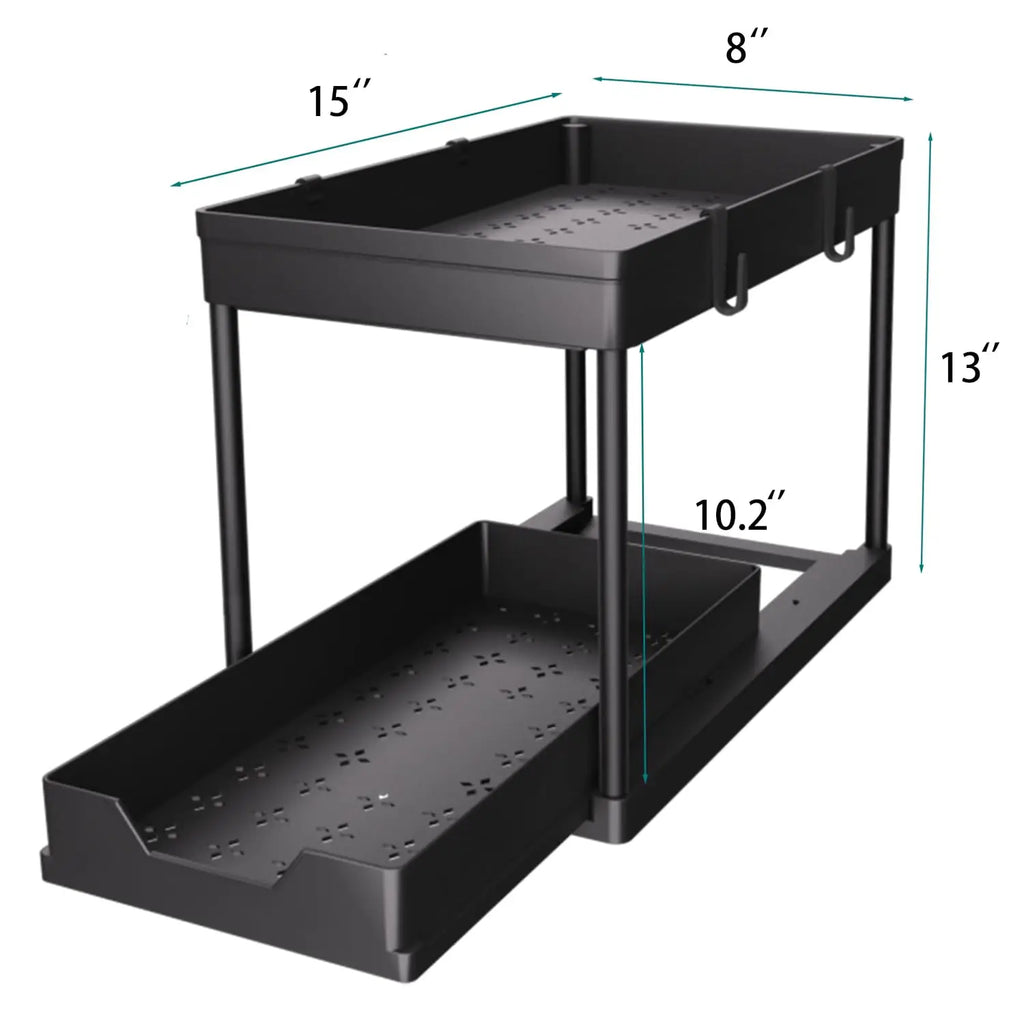 2 Tier Under Sliding Cabinet Basket Organizer Drawer with 4 Hooks, Multi-Purpose Under Sink Storage for Bathroom Kitchen Desktop