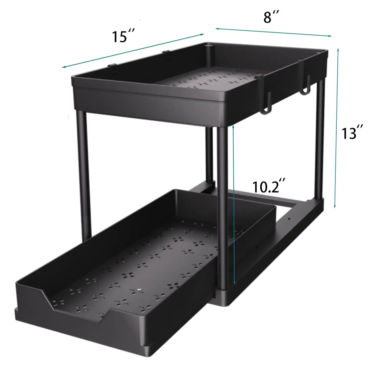 2 Tier Under Sliding Cabinet Basket Organizer Drawer with 4 Hooks, Multi-Purpose Under Sink Storage for Bathroom Kitchen Desktop