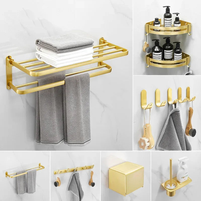 Bathroom accessories: brushed golden corner rack, towel rack, bathroom storage rack, bathroom hardware pendant bath accessories