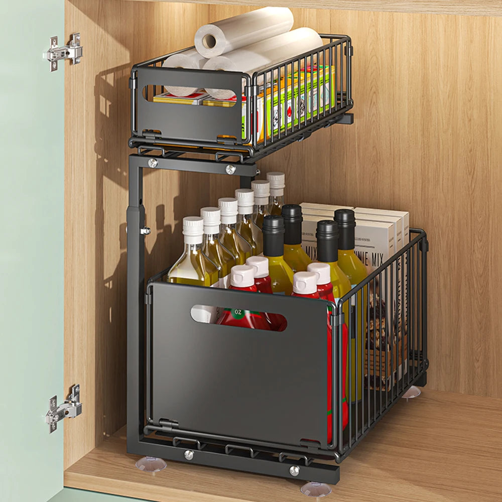 2-Tier Pull Out Cabinet Organizer Drawer Height Adjustable Kitchen Rack for Cabinet Under Sink Organizer Spice Jar Storage Shelf