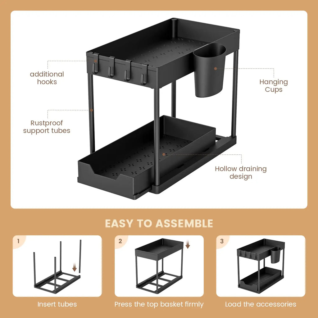 Under Sink Organizer and Storage, Kitchen Organization Rack with Double Sliding Cabinet Drawers, Multi-Purpose Storage Shelf Hol