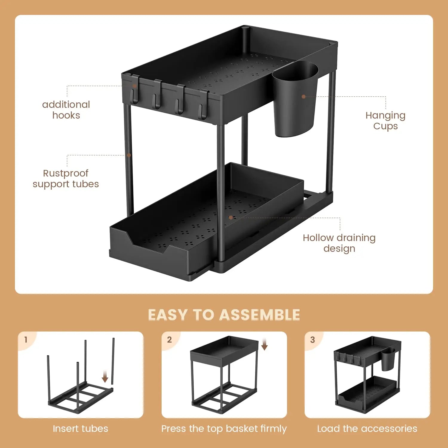 Under Sink Organizer and Storage, Kitchen Organization Rack with Double Sliding Cabinet Drawers, Multi-Purpose Storage Shelf Hol