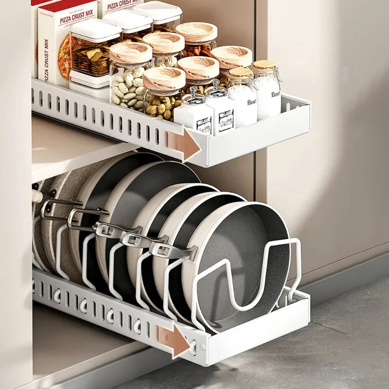 Hot-selling multifunctional kitchen pull-out cookware/frying pan sliding lid rack, spice rack, and bowl and plate drawer storage