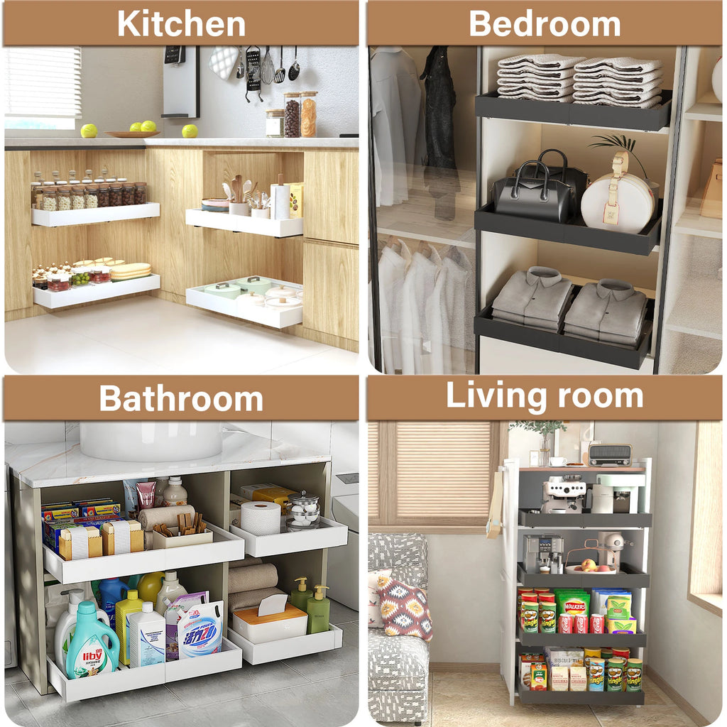 Pull Out Tray Organizer Kitchen Storage Rack Cabinet Expandable Under Sink Spice Boxes Silent Slide Drawer Style Bowl Dish Shelf