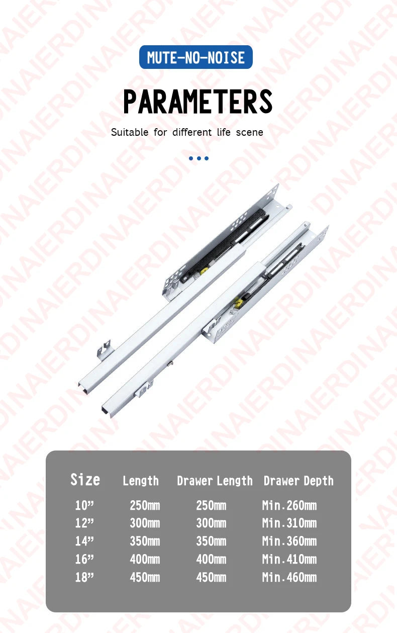 NAIERDI 1Pair 10"-20" Under Mount Hydraulic Drawer Slides Rails Soft Close 2 Section Damper Buffer Hidden Tracks Drawer Rails