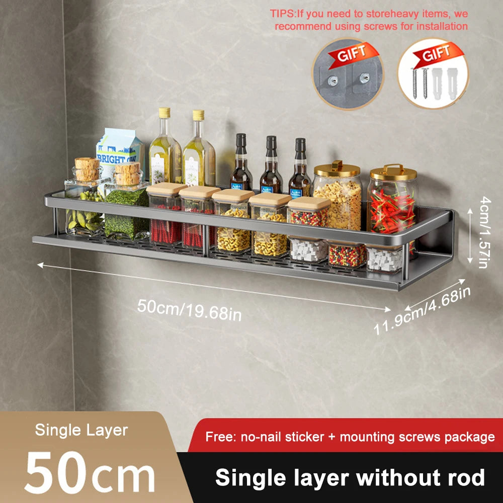 1/2Pcs No Punch Spice Rack Wall Mounted Kitchen Spice Organizer with Hook Rod Seasoning Rack Spice Shelf Bathroom Kitchen Shelf