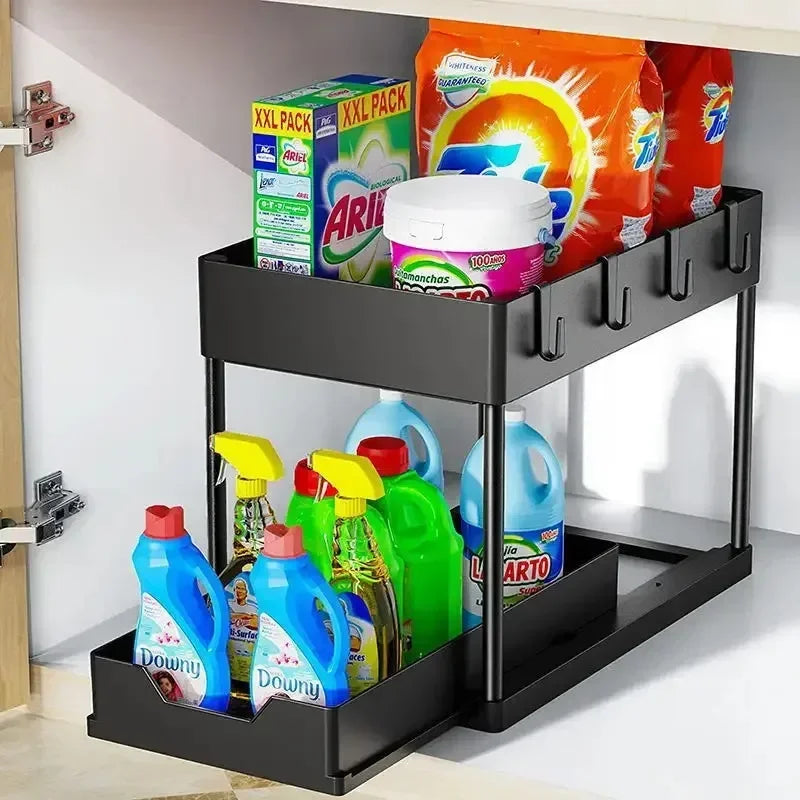 Under Sink Organizer, Sliding Cabinet Basket Organizer, Storage Rack with Hooks, Hanging Cup, Bathroom Kitchen Organizer, 2 Tier