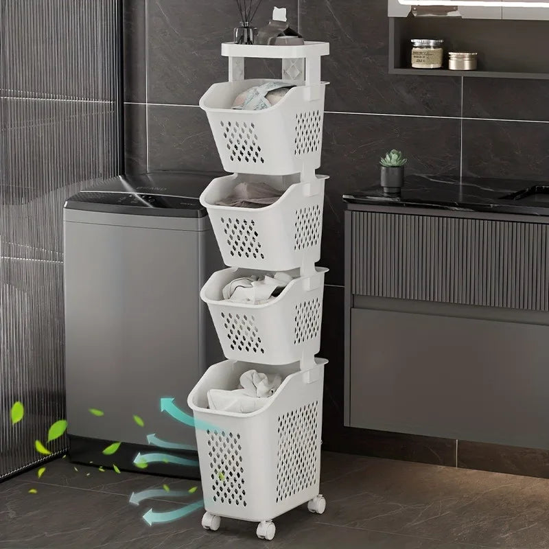 Multilayer Dirty Laundry Basket Storage Rack Clothes Storage Basket Sundries Storage Basket with Wheels Home Bathroom Supplies
