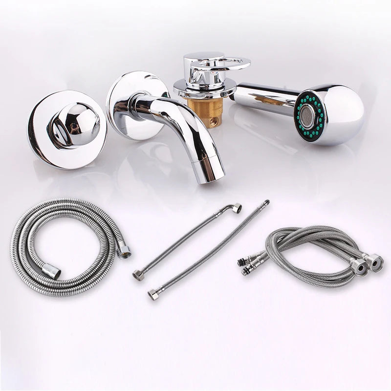Deck/Wall Mounted Bathroom Bathtub Faucet Set with Handheld Shower Head 4 Holes Widespread Basin Tub Faucet Cold Hot Mixer Tap