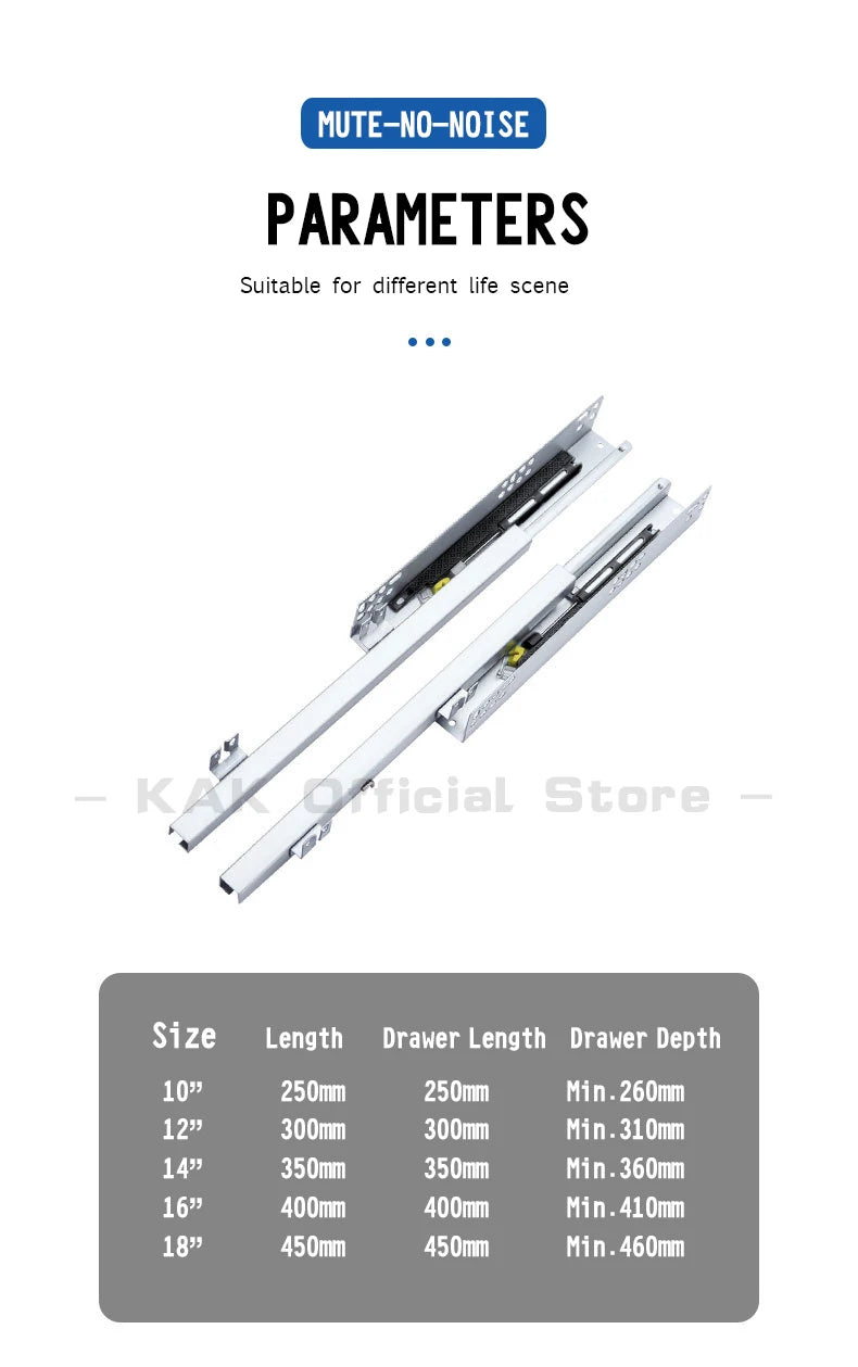 KAK 10"-20" Under Mount Drawer Slide Rails Soft Close 2 Section Hidden Rail Tracks 25KG Drawer Runner Hydraulic Damper Buffer