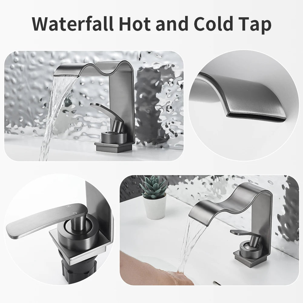 Basin Faucet Waterfall Black with Brushed Bathroom Basin sink Faucet Cold and Hot Water Mixer Single Handle Bathroom Taps 855951