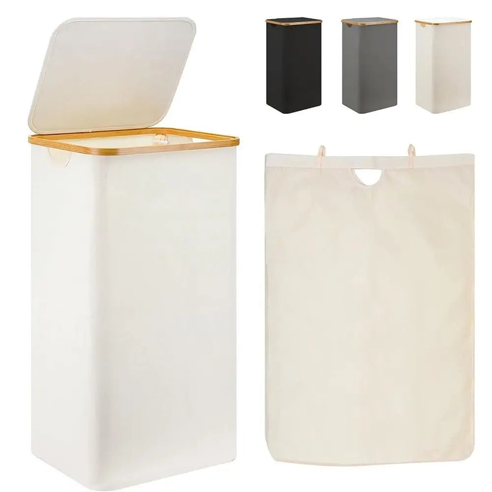 Collapsible Slim Laundry Hamper with Lid Bamboo Handles Removable Inner Bag Clothes Basket Bin Foldable Freestanding