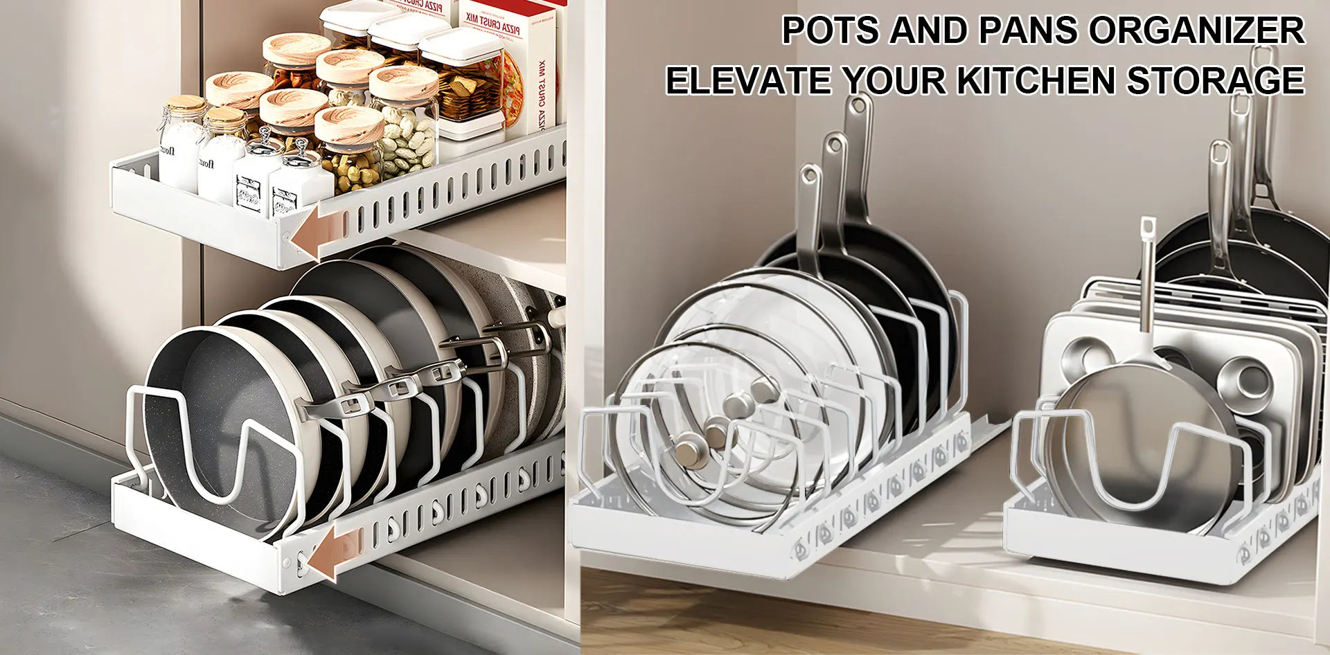 Hot-selling multifunctional kitchen pull-out cookware/frying pan sliding lid rack, spice rack, and bowl and plate drawer storage