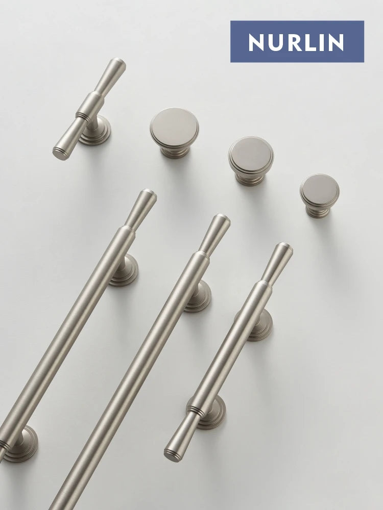 Nurlin Solid Brass Nickel Brushed Luxurious Silver French Modern Cabinet Handles Tbar Wardrobe Knobs