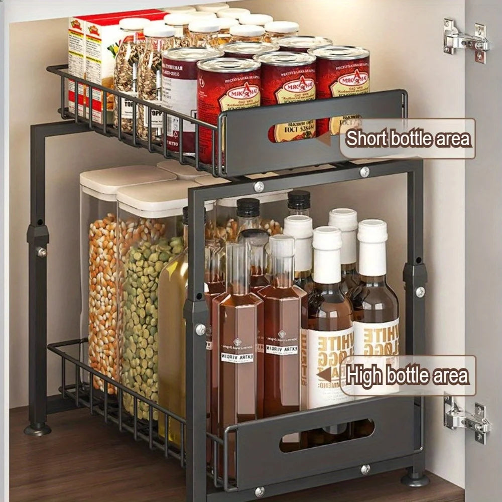 Pull-Out Cabinet Organizer - Adjustable Storage Shelf for Spices, Dishes & Kitchen Essentials | Multi-Purpose Drawer Rack