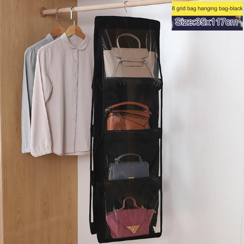 6 Pocket Hanging Handbag Organizer for Wardrobe Closet Transparent Storage Bag Door Wall Clear Sundry Bag with Hanger Pouch