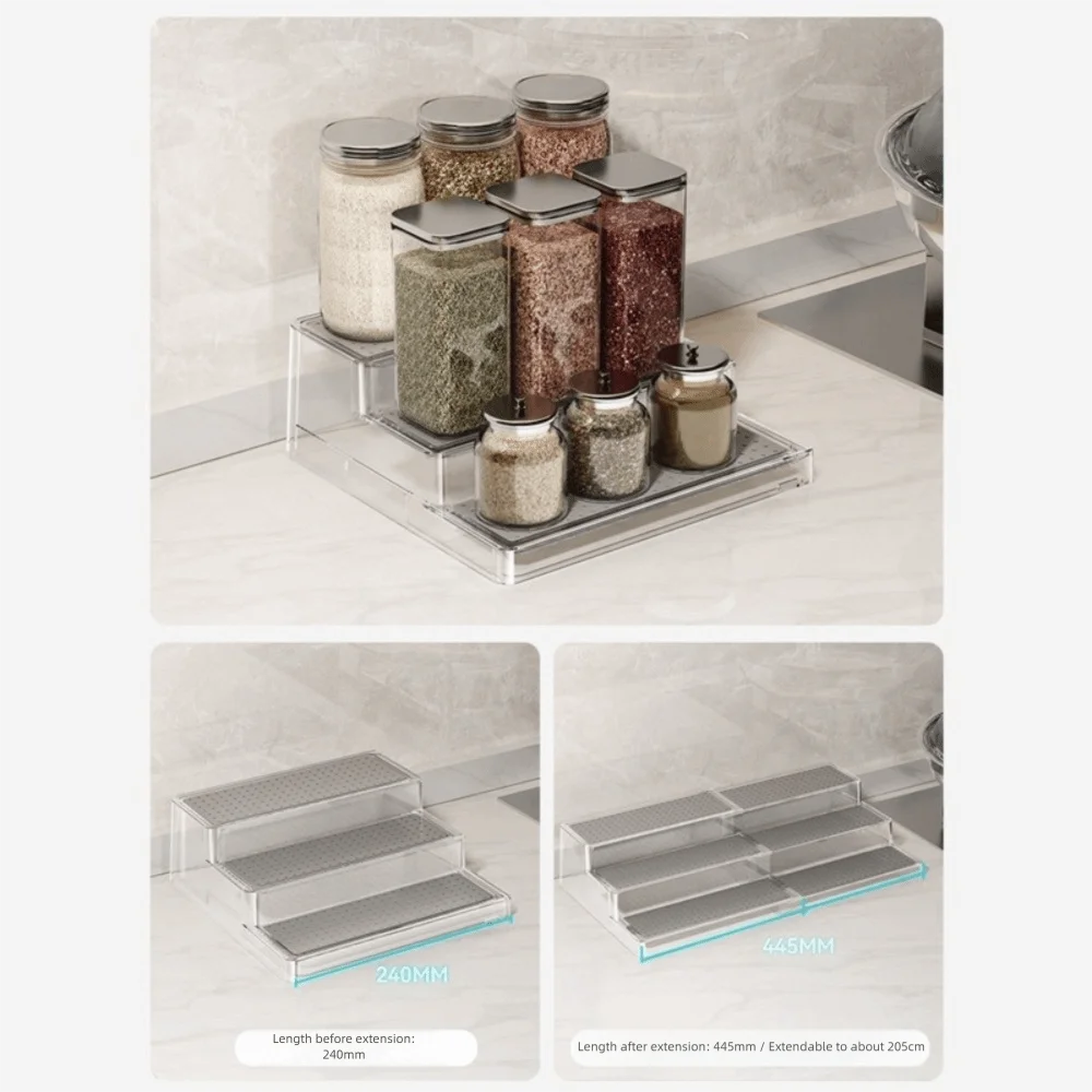 3 Tier Expandable Spice Rack Visible Adjustable Expandable Step Shelf Kitchen Organizer Multi Functional