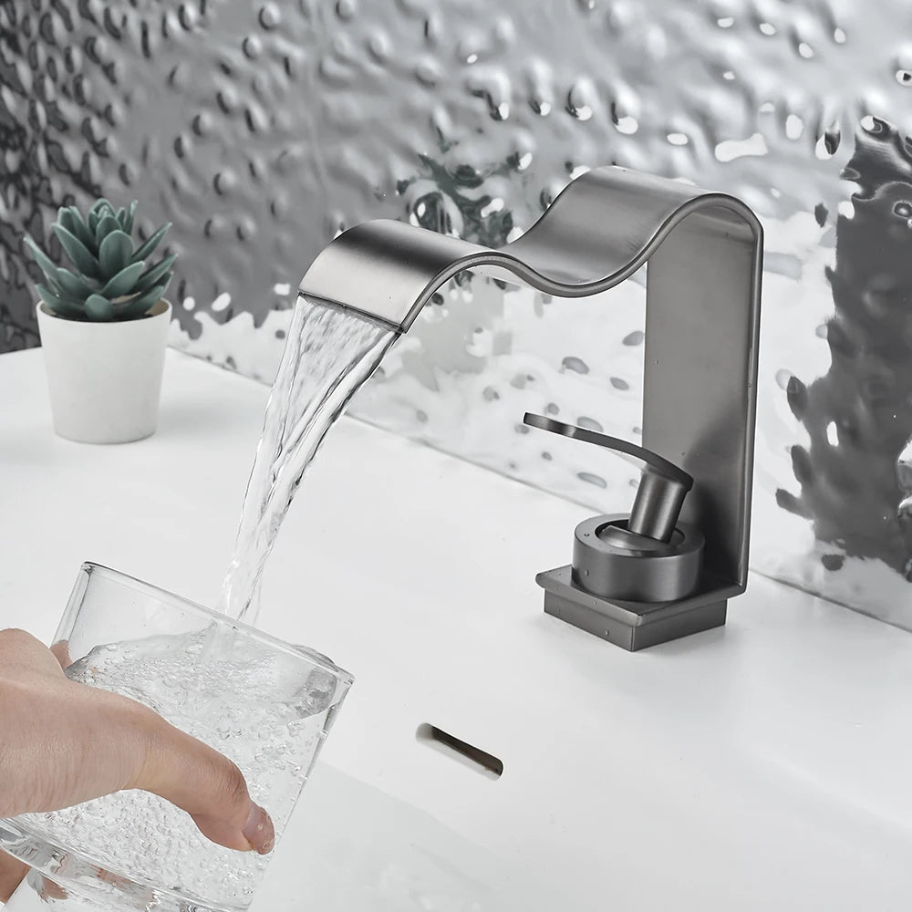 Basin Faucet Waterfall Black with Brushed Bathroom Basin sink Faucet Cold and Hot Water Mixer Single Handle Bathroom Taps 855951