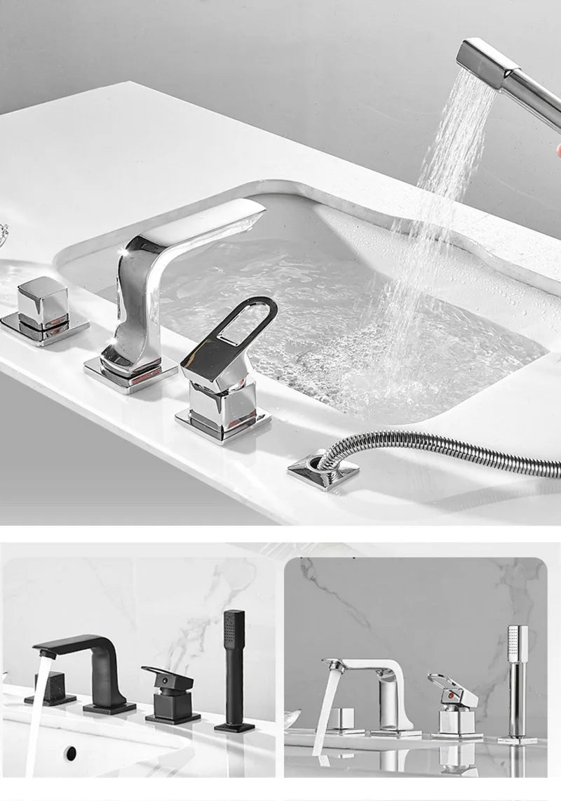 Bathroom Basin Faucet Widespread Bathtub Faucet Sink Mixer Tap 4-Holes Tub Filler with Pull Out Shower Sprayer Deck/Wall Mount