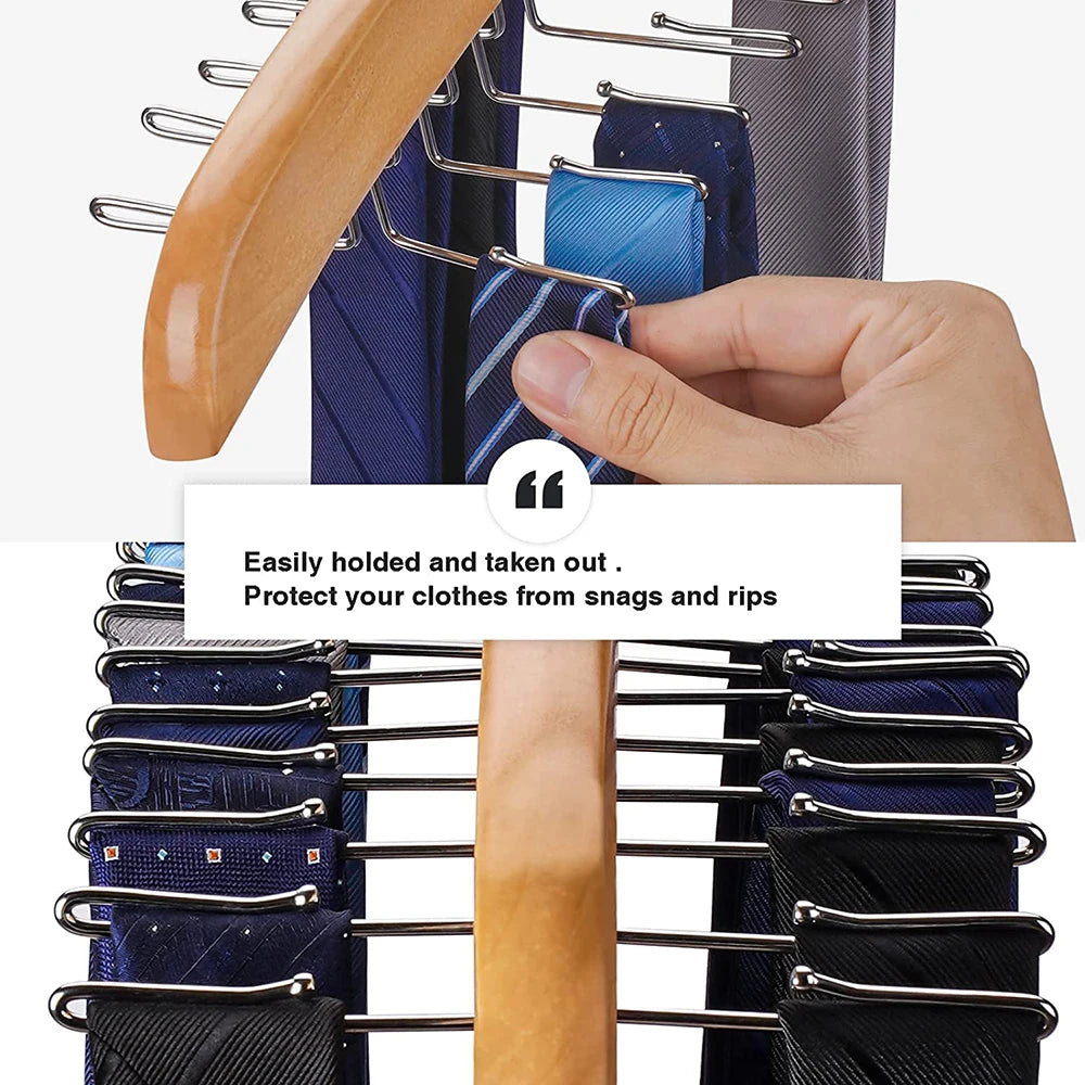 Tie Rack Tie Hanger 24 Hooks Wooden Tie Organizer, Tank Top Hanger, Belt Organizer for Closet,with Upgraded 360°Rotating, Belts