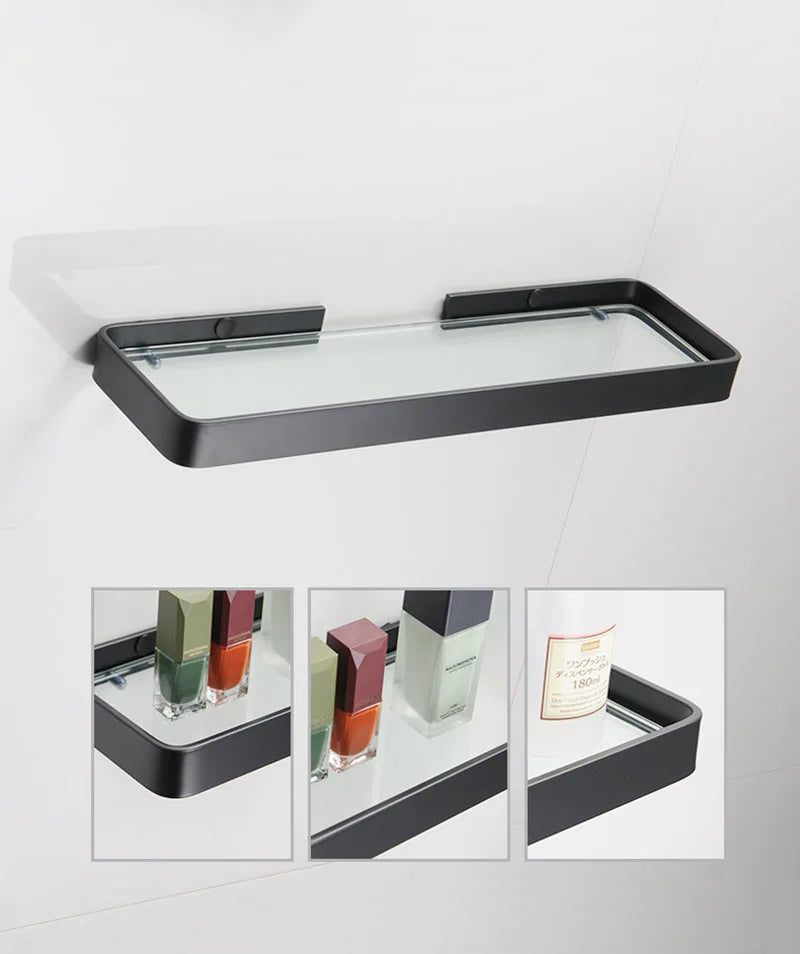 Black Bathroom Corner Rack 25-45cm Wall-mounted Bathroom Shower Rack Aluminum Toilet Storage Rack Glass Bathroom Shelf