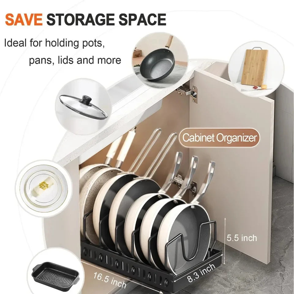 Kitchen Pull-Out Pot Rack Adjustable Cupboard Trays Dishes Partition Shelf with Slide Rails Organizer Tray Drawer Storage Racks