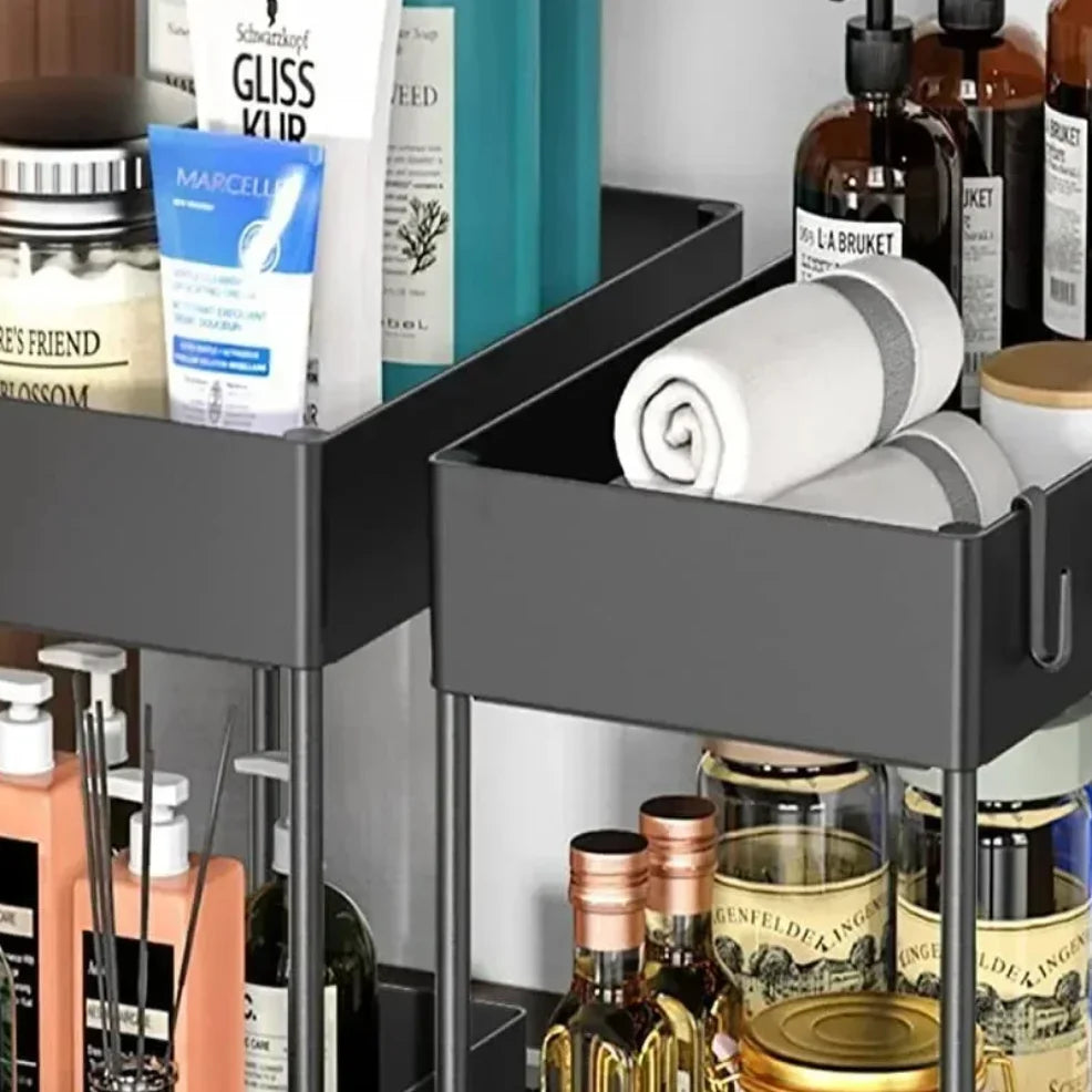Under Sink Organizer Sliding Cabinet Basket Organizer Storage Rack with Hooks Hanging Cup Bathroom Kitchen Organizer
