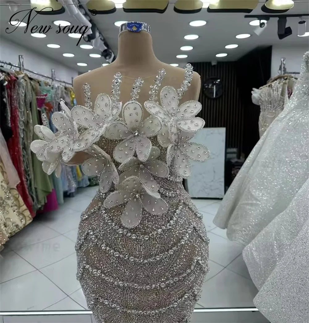 2026 Customized Champagne Evening Dresses 3D Beaded Flowers Women Prom Dress Robes De Soiree Pearls Mermaid Cocktail Party Gowns