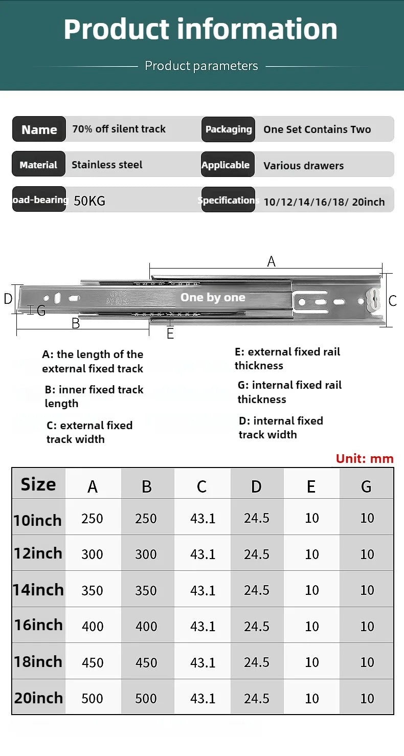 10" - 22"  45mm wide Stainless Steel Drawer Slides Soft Close Drawer Track Rail Sliding Three-Section Cabinet Furniture Hardware