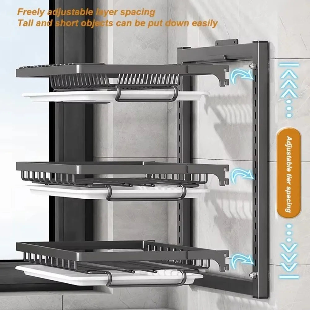 Wall Mounted Dish Drying Rack 2 Layer Rust-Proof Kitchen Storage Rack Compact Large Capacity Drain Tray Household