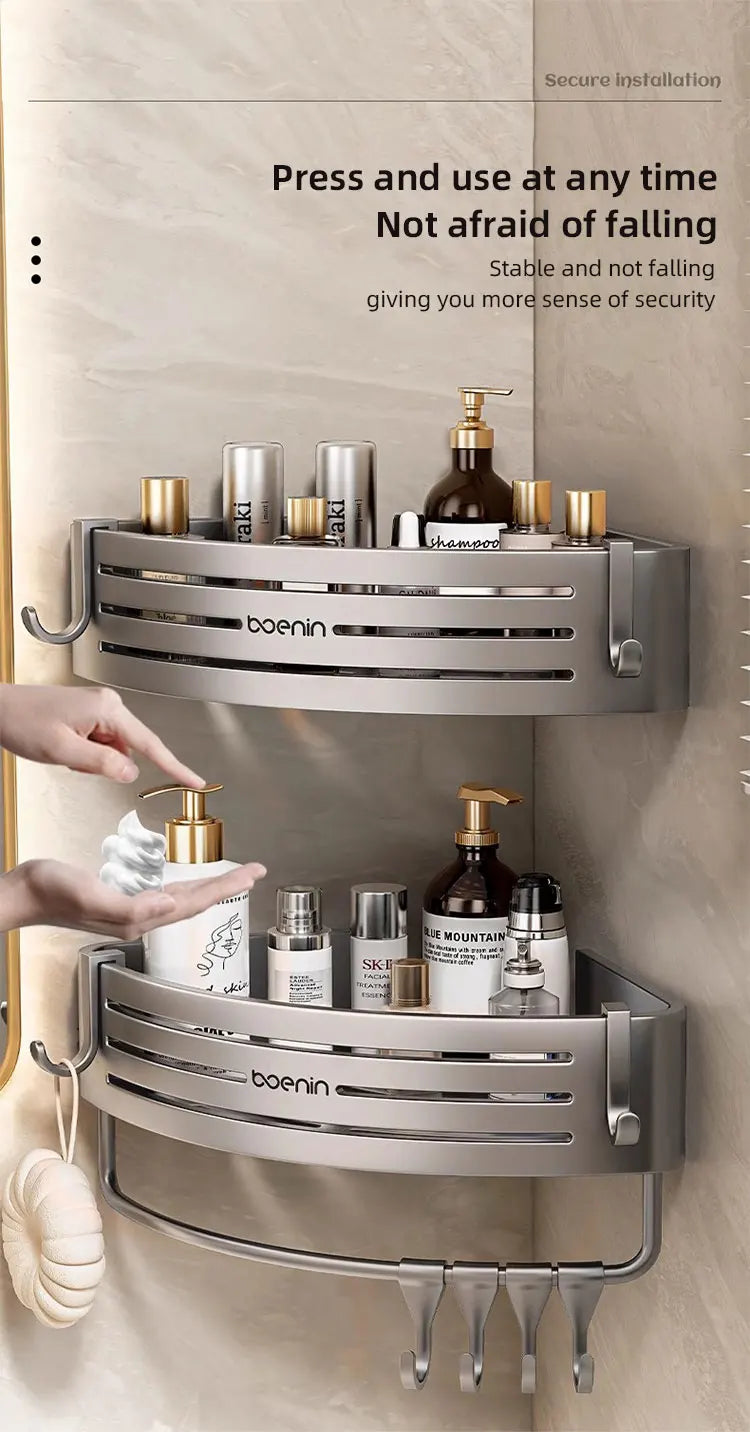 Wall Mounted Bathroom Shelves Shower Corner Shelf with Towel Bar Hook Space Aluminum Shampoo Holder Kitchen Organizer Rack