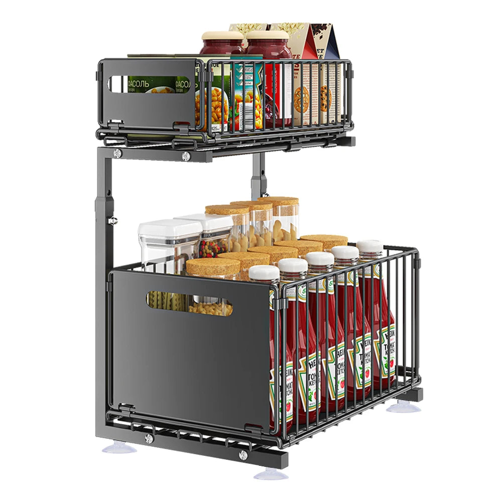 2-Tier Pull Out Cabinet Organizer Drawer Height Adjustable Kitchen Rack for Cabinet Under Sink Organizer Spice Jar Storage Shelf