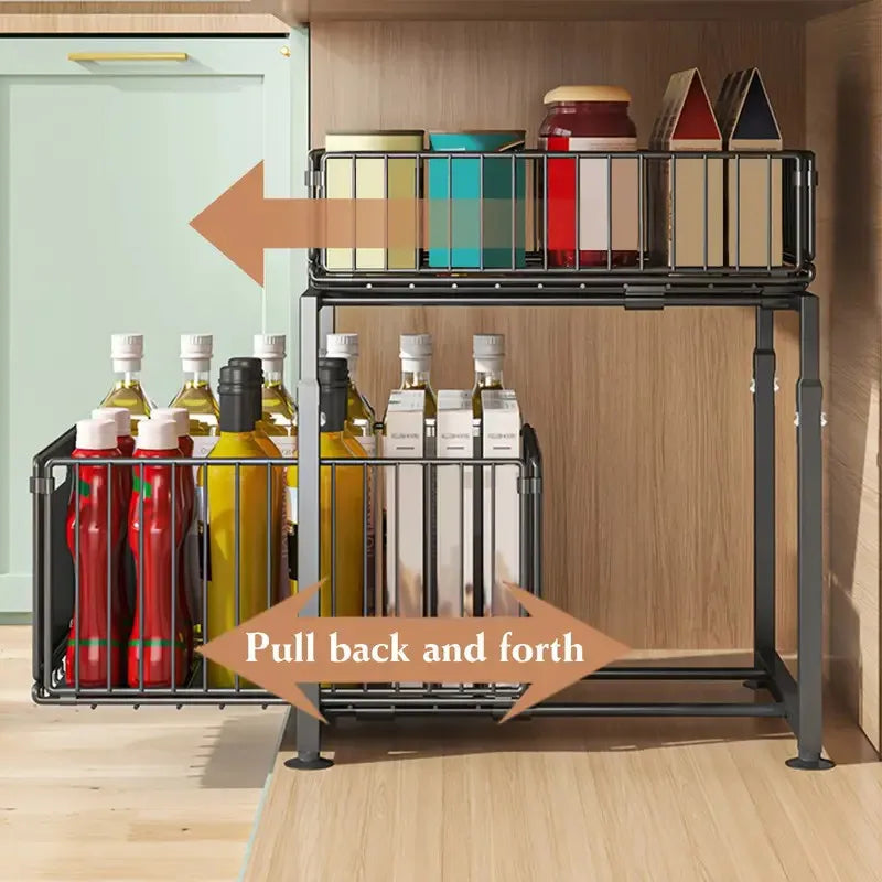 2-Tier Pull Out Cabinet Organizer Drawer Height Adjustable Kitchen Rack for Cabinet Under Sink Organizer Spice Jar Storage Shelf