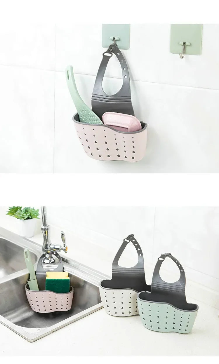 Bathroom and Kitchen Sink Accessories: Storage Holder with Suction Cup for Soap, Sponge and Drain Rack