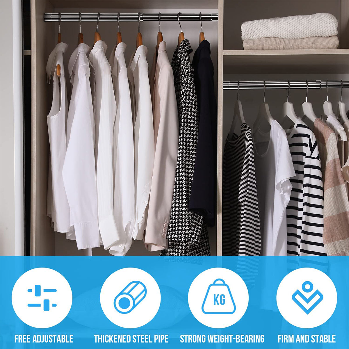 Wardrobe Rail Extendable Clothing Rail 56-100cm Stainless Steel Clothes Rod with End Sockets Screws Adjustable Closet Rail Pole