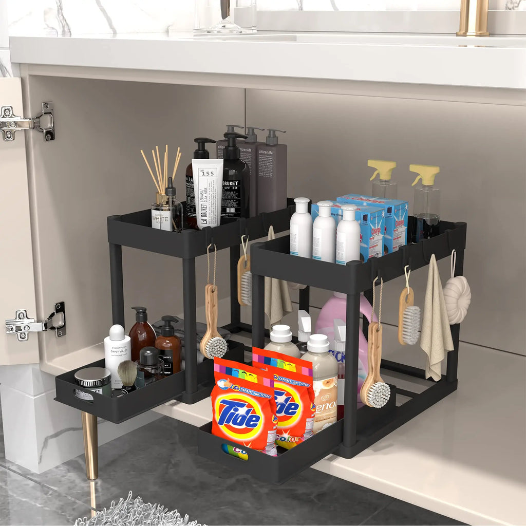 2 Tier Under Sliding Cabinet Basket Organizer Drawer with 4 Hooks, Multi-Purpose Under Sink Storage for Bathroom Kitchen Desktop