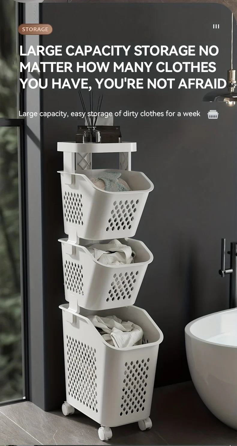 Multilayer Dirty Laundry Basket Storage Rack Clothes Storage Basket Sundries Storage Basket with Wheels Home Bathroom Supplies
