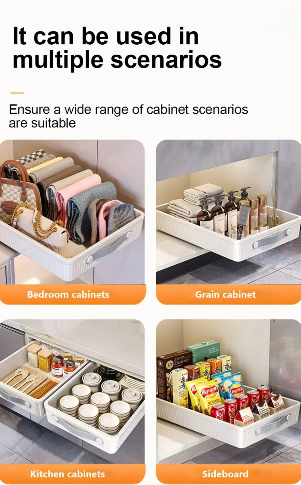 Kitchen Drawer Storage Rack with Slide Rails Pull-out Cabinet Organizer Free Installation Non Punched Easy To Clean Storage Box