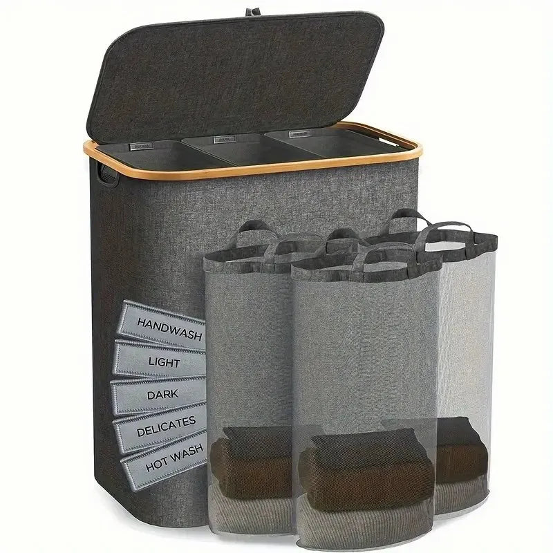 Dirty clothes basket bamboo basket bedroom with inner pocket with lid foldable  clothes storage basket with classification label