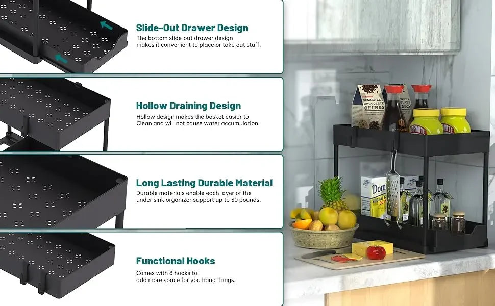 Kitchen Storage Under Sink Organizer 2 Layer Pull Out Multifunctional Drawer Shelf Organizer Bathroom Desktop Cabinet Rack
