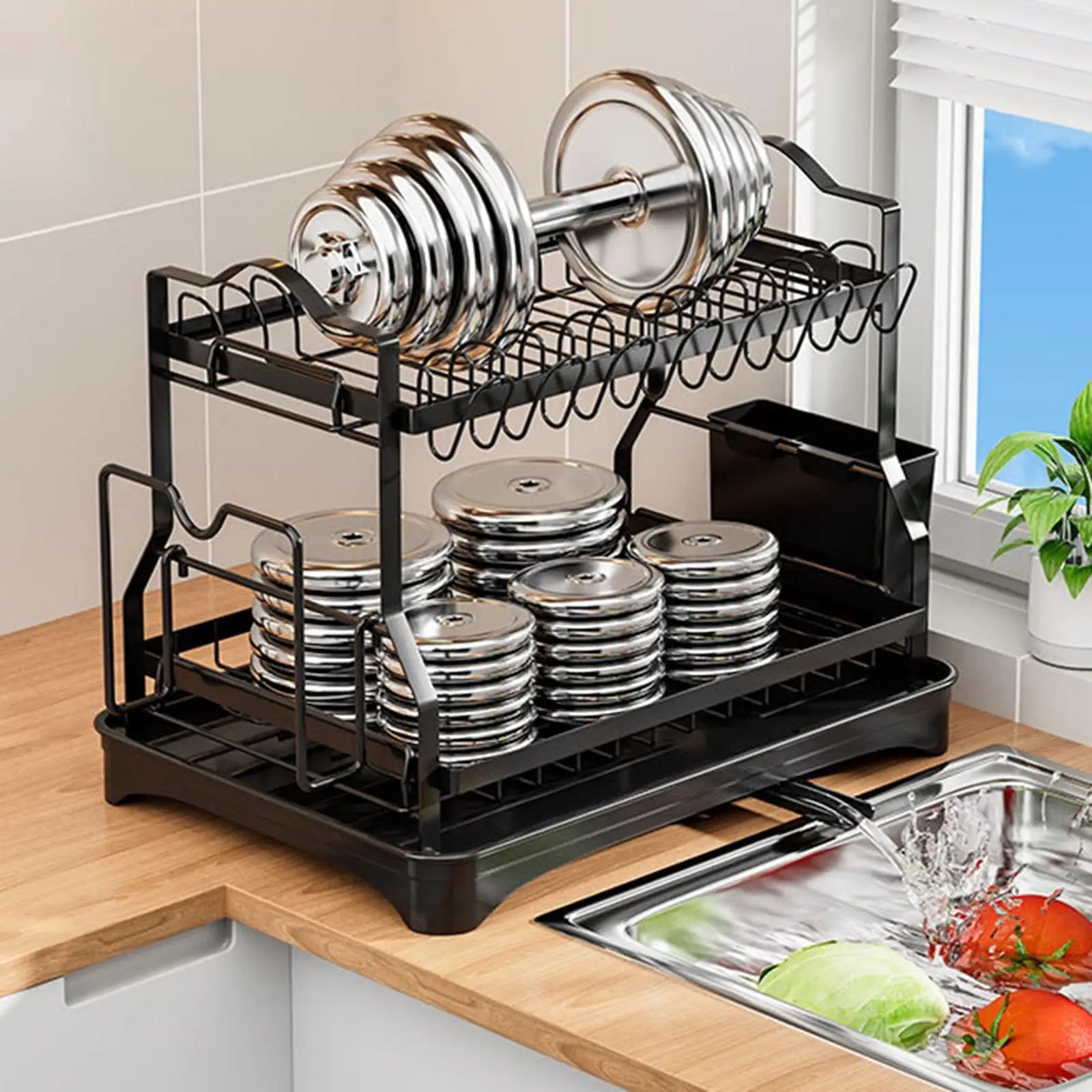 2 Tier Dish Drying Rack Storage Cutting Board Holder Large Capacity Dish Drainer Organizer Plate Drainer Rack for Cutlery Bowls