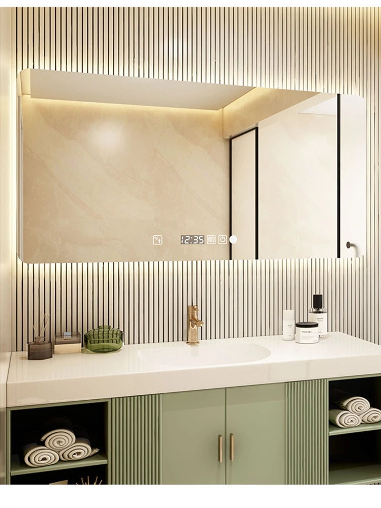 Bathroom Mirror Mounted On The Wall Rounded Rectangle With LED Lighting And Heating Defogging Function For Cold Area Apartments