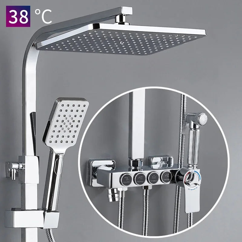 Thermostatic Bathroom Shower Set White Gold Bathroom Faucet Accessories 12 Inch Rain Shower Head Hot Cold Bathroom Shower System