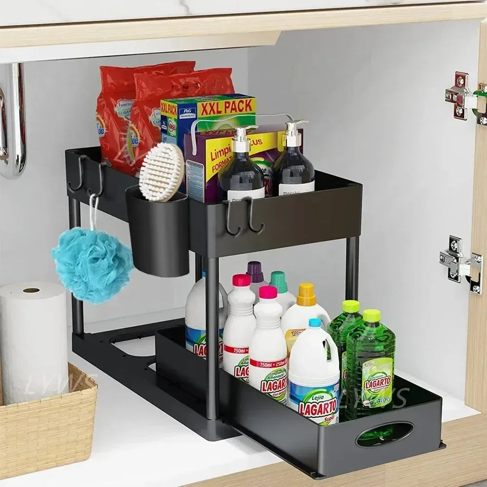 2 Tier Under Sink Organizer Sliding Cabinet  Organizer Storage Rack with Hooks Hanging Cup Bathroom Kitchen Organizer