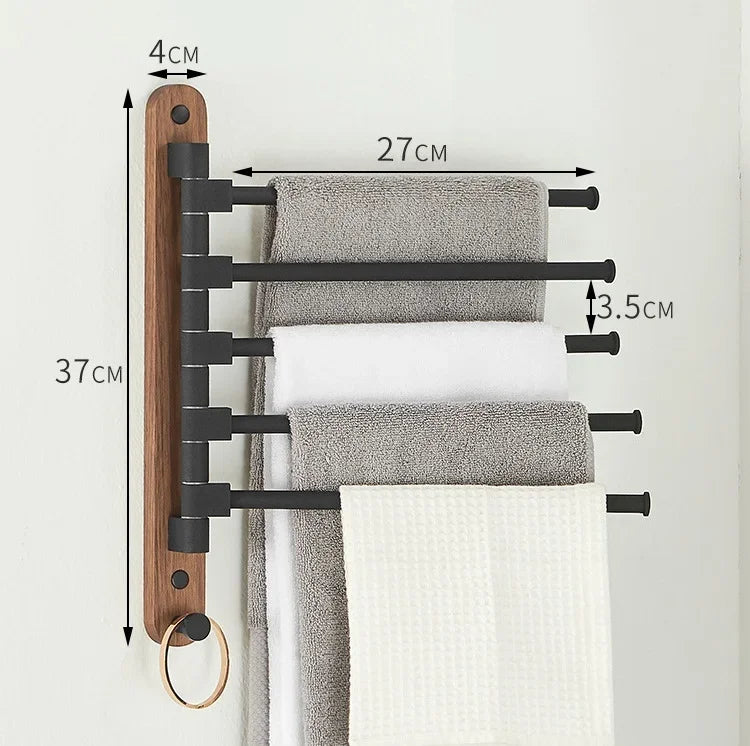 Bathroom Swivel Towel Rack, Wood & Matte Black Metal, 4-Arm Wall Mounted Towel Bar with Towel Ring, Space-Saving Towel Hanger