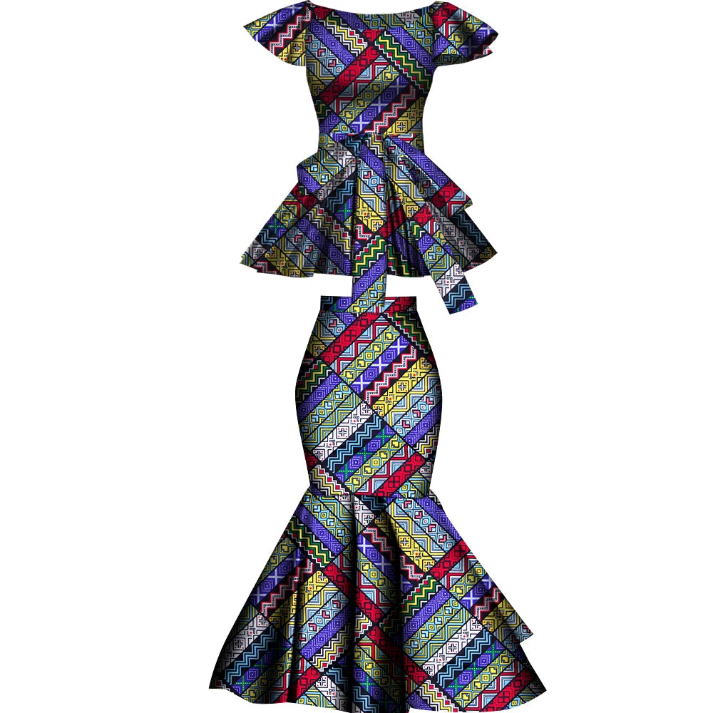 African Two Pcs Set Flared Skirt and Top Dashiki Wax Print Cotton Plus Size Party Clothing WY10076