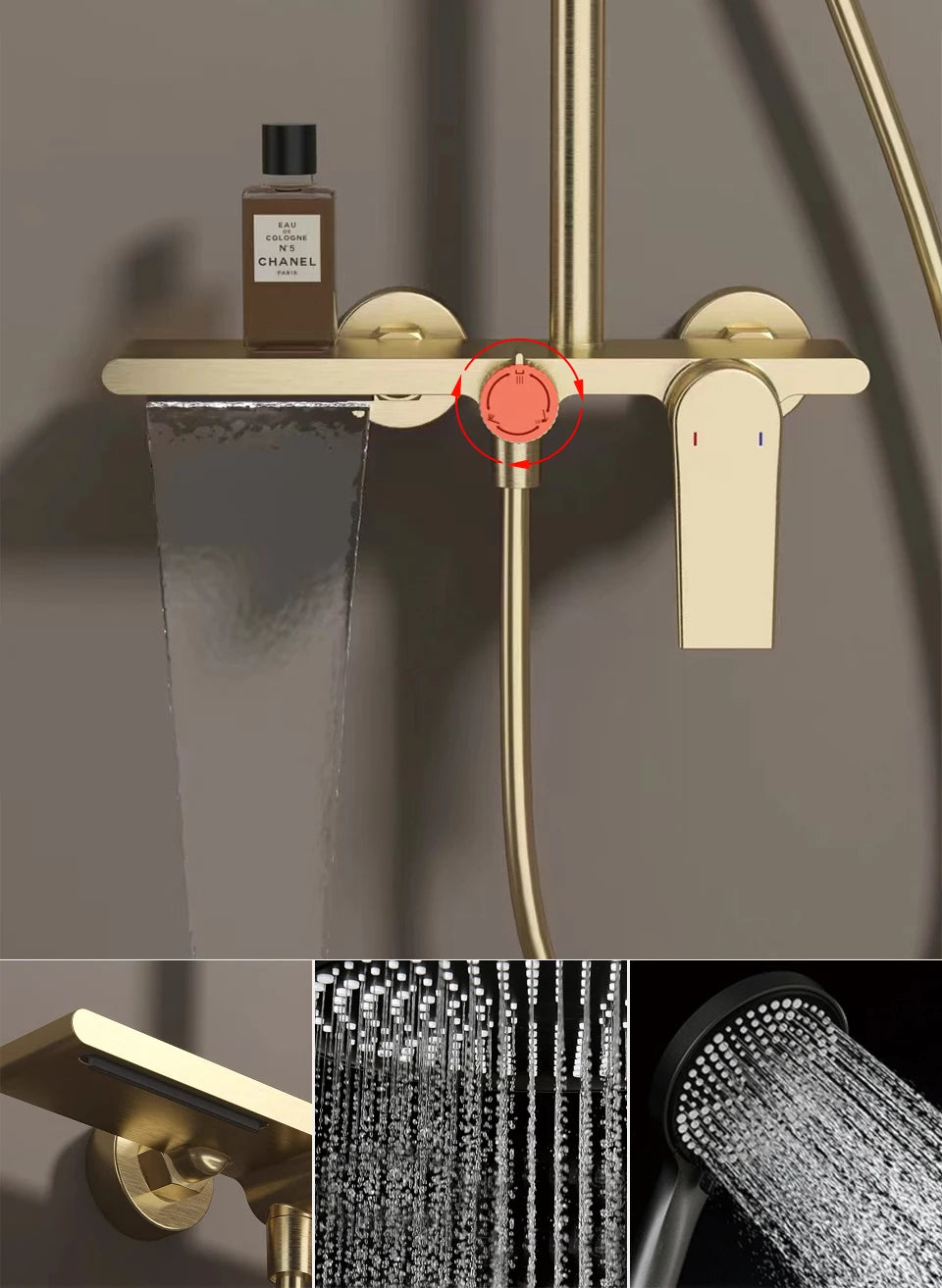Bathroom Shower System Set Brushed Gold Hot Cold Bathroom Faucet Accessories Rain Shower Head Hot Cold Bathroom Shower Set