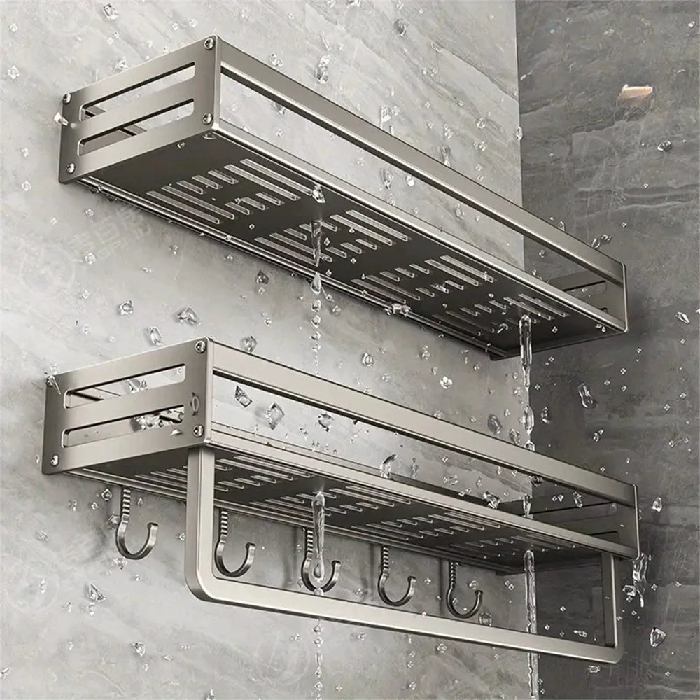 Aluminum Wall-Mounted Spice Rack Multifunctional Item Storage Shelf Kitchen Tools Storage Hooks Space Management Solution