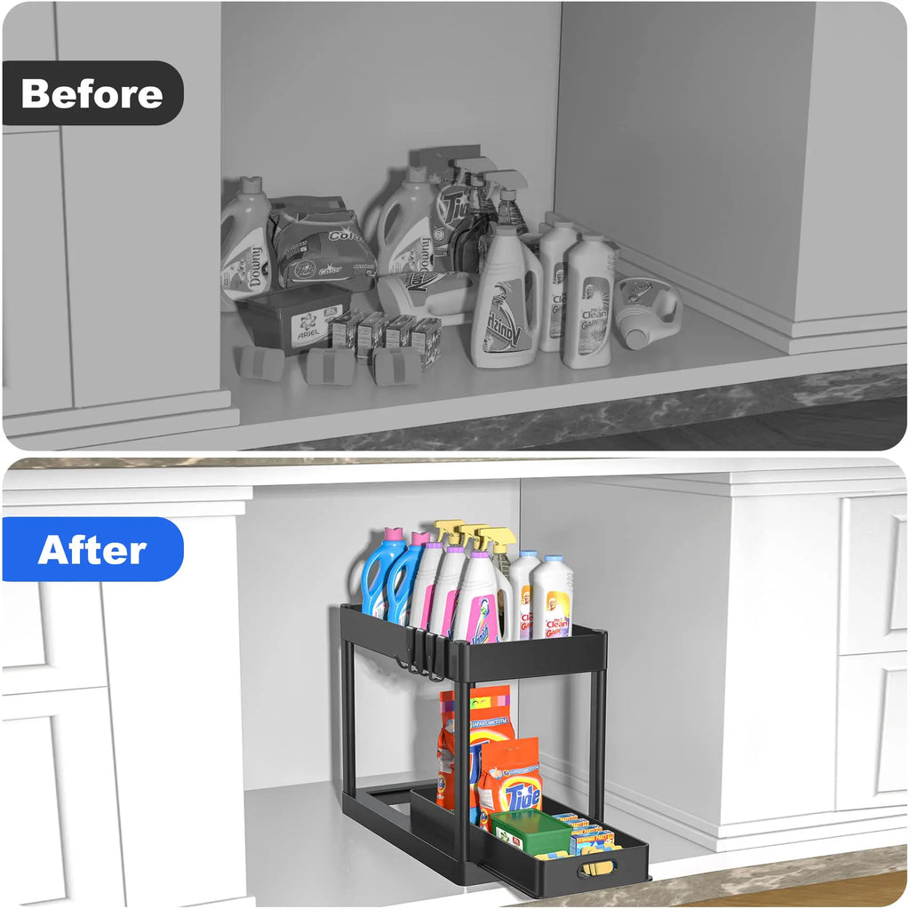 2 Tier Under Sliding Cabinet Basket Organizer Drawer with 4 Hooks, Multi-Purpose Under Sink Storage for Bathroom Kitchen Desktop