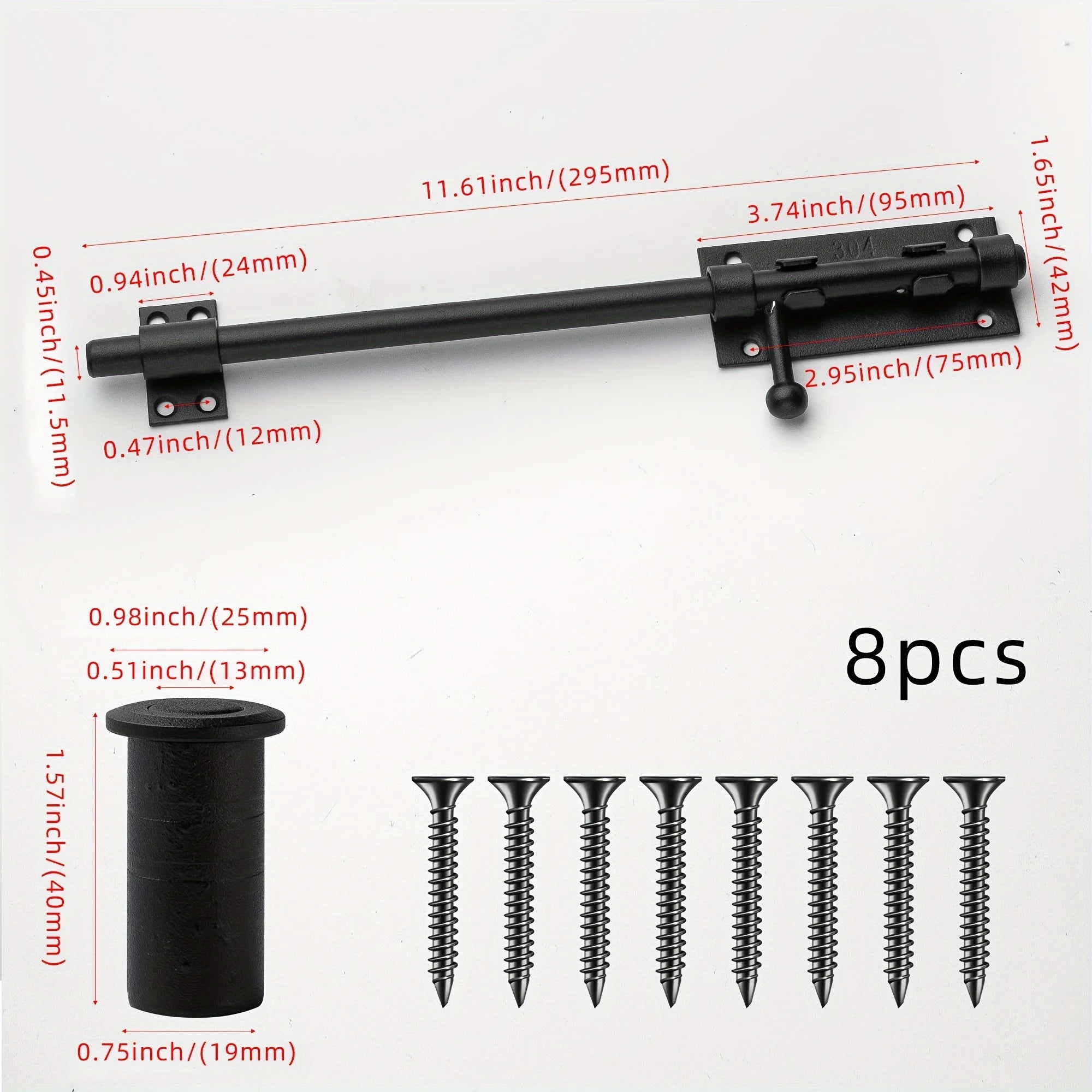Sliding Bolt Latch Hardware：Cylindrical Bolt Latch，Heavy Solid 304 Stainless Steel，Black Surface，Applicable  Outdoor Latches